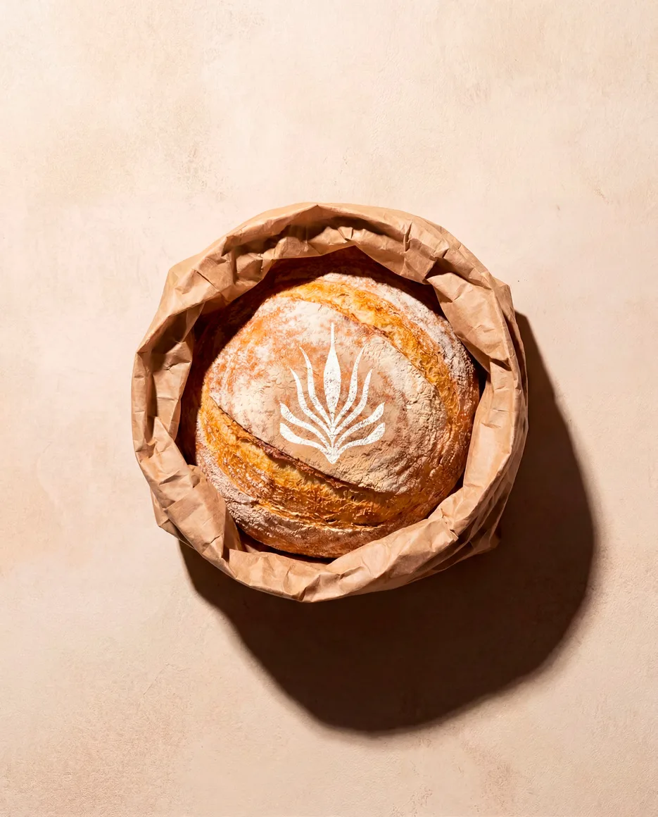 Miche de pain au levain dans un sac en papier, marquée du logo