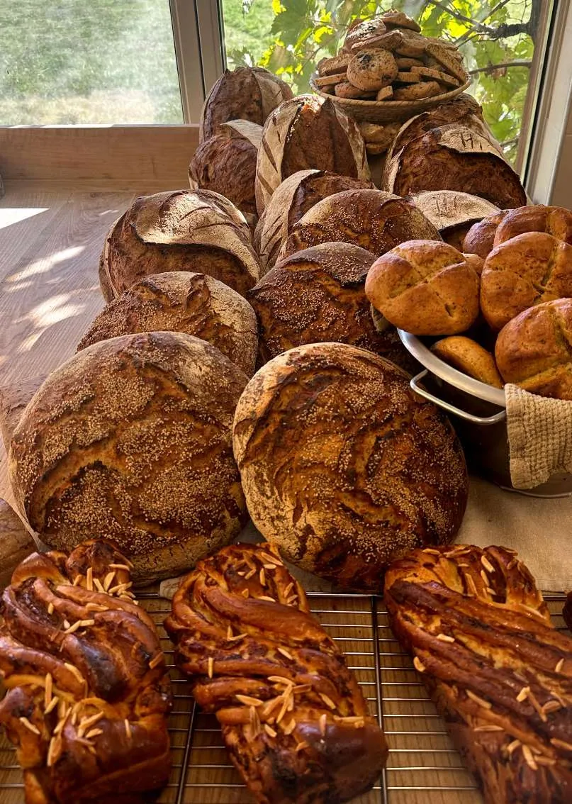Pains, brioches tressées et biscuits présentés devant une fenêtre